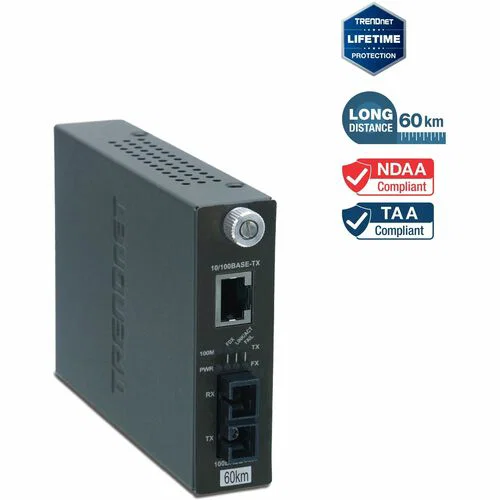 TRENDnet Intelligent 10/100Base-TX to 100Base-FX Single Mode SC Fiber Media Converter (60Km /37.3 Miles); Auto-Negotiation; RJ-45 port; Fiber to Ethernet Converter;Lifetime Protection; TFC-110S60i - 100Base-TX to 100Base-FX Fiber Converter (60km)