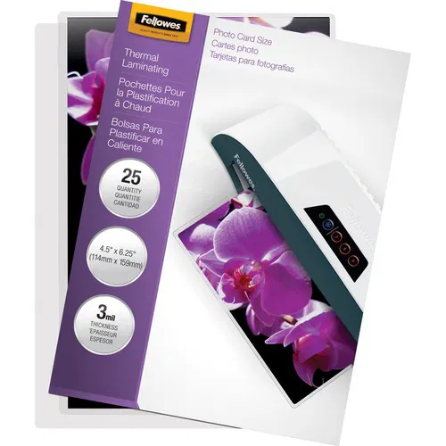 Fellowes Laminating Pouch, Premium, Photo, 6.25" x 4.5", 3 mil Glossy, Clear, for All Laminator Brands, 25/PK