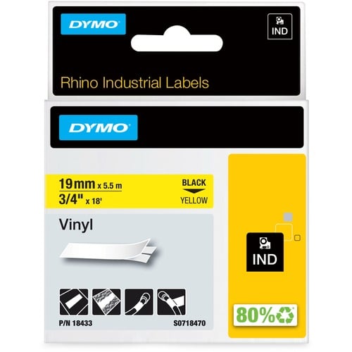 Dymo Label Tape, RhinoPRO, 3/4" Width, Black on Yellow Vinyl, Water Resistant, UV Resistant