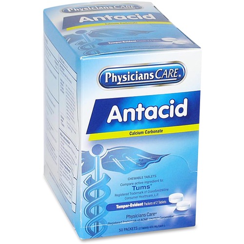 PhysiciansCare Antacid Medication Tablets, Single-Dose, 2/Packet, 50/Box, Calcium Carbonate, for Heartburn and indigestion