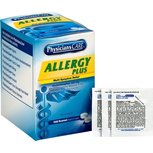 PhysiciansCare Allergy Plus Antihistamine Tablets, 325 mg Acetaminophen, 2 mg Chlorpheniramine, 5 mg Phenylephrine, 2/Packet, 50/Box