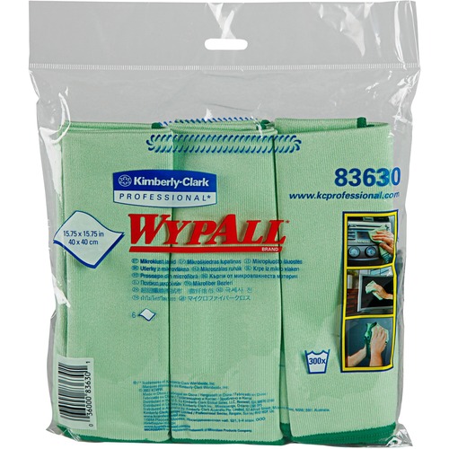 Wypall Microfiber Cloths - General Purpose - For Nonporous Surface - 15.75" Length x 15.75" Width - Recommended For: Odor Remover, Stain Remover, Bacteria Remover - Anti-bacterial, Durable, Absorbent, Environmentally Friendly, Launderable - Green - 6 / Pa