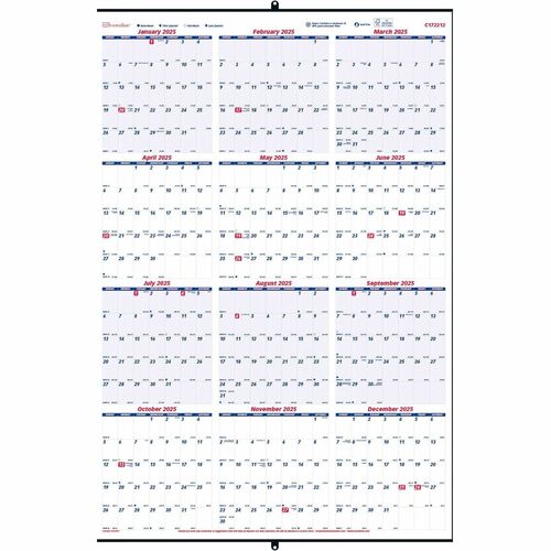 Brownline Calendar, Wall-Mount, Heavyweight Yearly, 24" x 36", White Paper, 50 Percent Recycled Content, Metal Supports, Jan-Dec 2026