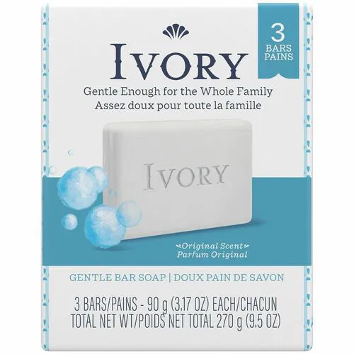 Ivory Bar Soap, 3.1 oz, Ivory-Clean Scent, White, Dirt and Oil Remover, Non-Clog, 3/PK, 24/CT