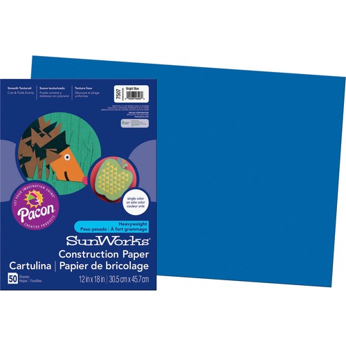 SunWorks Construction Paper, 18" x 12", Brite Blue, Smooth-Textured, Chemical-Free, 50/PK