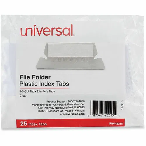 Universal Hanging File Tabs, Plastic Index, Clear Translucent, 2" Width, 5 Tabs/Set, 25/PK