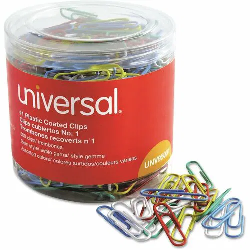 Universal Paper Clips, No. 1, 1.8" L x 0.5" W, Plastic-Coated Steel, Assorted, 500/PK