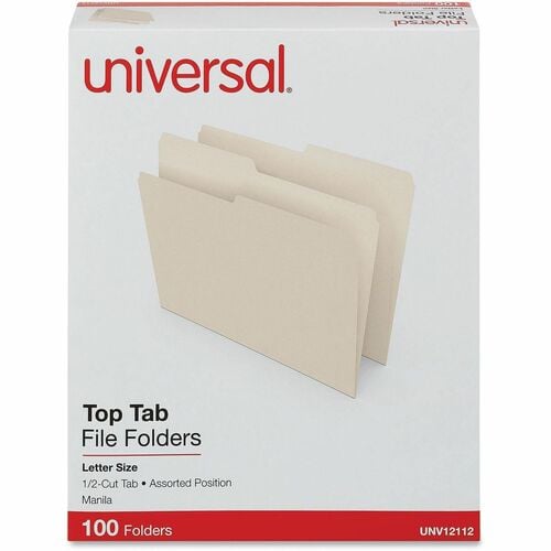 Universal Top Tab File Folder, Letter 8.5" x 11", 3/4" Expansion, 1/2" Tab Cut, Assorted Tab Position, 11 pt Manila, 100/BOX