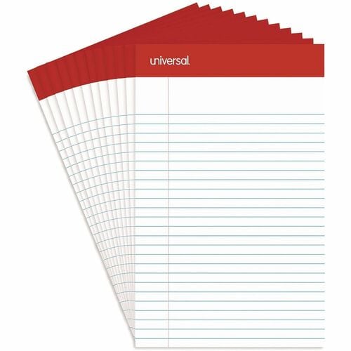 Universal Notepad, 5" x 8", Legal Ruled, Red Margin, Tape-Bound Top, 50 Sheets, White Paper, 12/PK