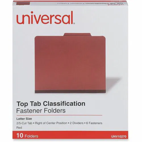 Universal Classification Folder, Letter, 8.5" x 11", 2" Expansion, 6 Fasteners, 2/5-Cut Top Tabs (Right of Center), 2 Kraft Dividers, Red, 10/Box