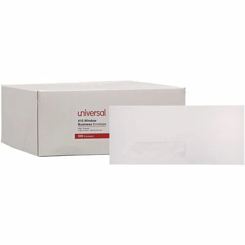 Universal Envelope, Business #10, 9 1/2" x 4 1/8", 24 lb, Gummed Closure, White Wove Paper, 500/Box