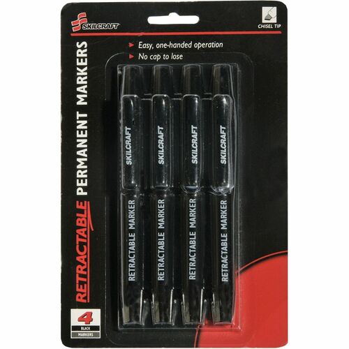 SKILCRAFT Permanent Marker - Fine, Medium, Broad Marker Point - Chisel Marker Point Style - Retractable - Black - 4 / Pack