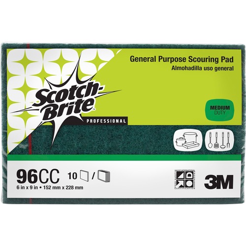 Scotch-Brite Scour Pads, 6" x 9", Synthetic Fiber, Green, General-Purpose, 10/PK