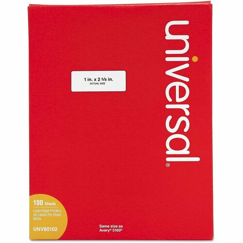 Universal Address Labels, 1 in x 2 5/8 in, Permanent Adhesive, White Paper, Inkjet/Laser Compatible, 30/Sheet, 100 Sheets, 3000/CT