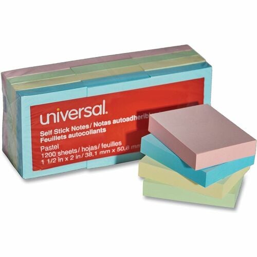Universal Note Pad, 100-Sheet, Rectangle, Self-Stick, Residue-Free, Assorted Pastel, 12/PK