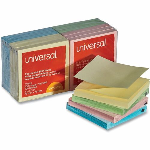 Universal Note Pad, Square, 100 Sheets, Pastel Assorted, Self-Stick Fanfold Pop-Up, Repositionable Adhesive, 12/PK