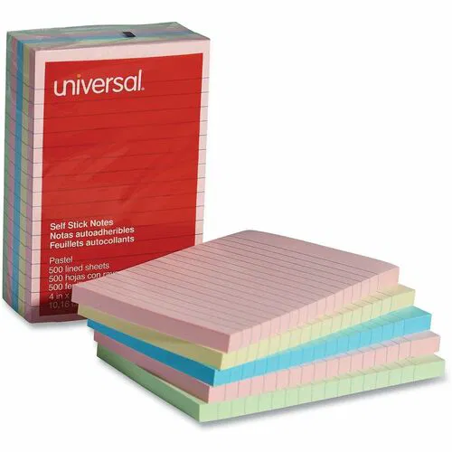Universal Note Pads, 100-Sheet, Ruled, Assorted Pastel, Self-Stick, Residue-Free, 5/PK