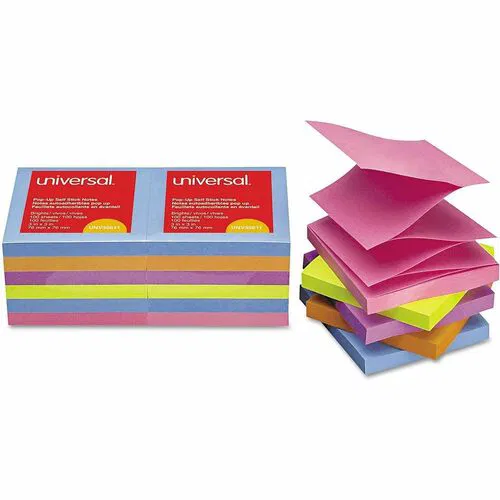 Universal Note Pad, Square, 100 Sheets per Pad, Assorted Bright, Self-Stick, Fanfold Pop-Up, Repositionable, 12/PK