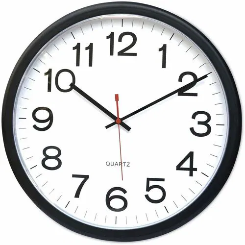 Universal Wall Clock, Wall-Mount, Indoor/Outdoor, 13.5" Diameter, Analog Quartz, Black Plastic Case, Shatter-Resistant, Battery Powered (AA)