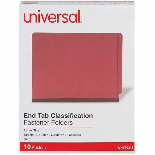 Universal Classification Folder, Letter, 2" Expansion, 6 Fasteners, 2 Kraft Dividers, 25 pt Pressboard Covers, Straight End Tabs, Red, 10/Box
