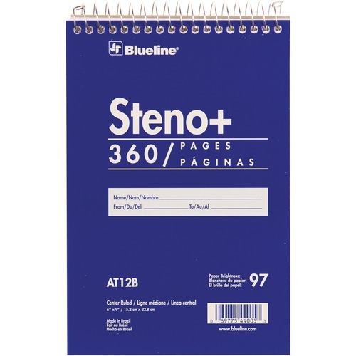 Blueline Steno Pad, Top Wirebound, 6" x 9", 350 Sheets, Front-Ruled, Stiff Cardboard Cover, White Paper