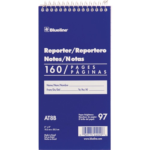 Blueline Reporter Notepad, Top-Wire Spiral, 160-Sheet, 4" x 8" Sheet, White Cover