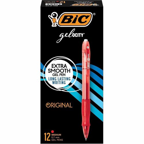 Bic Gel Pen, Gel-ocity, Retractable, 0.7 mm Medium, Red Ink, Contoured Grip, Transparent Barrel, 12/PK