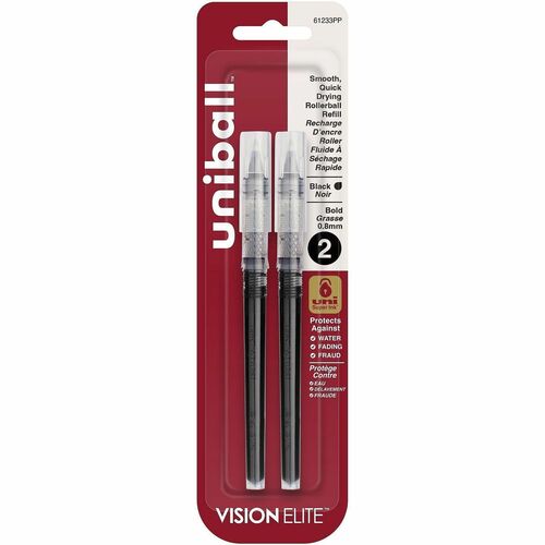 Uni-Ball Vision Elite Rollerball Pen Refills, 0.80 mm Bold, Black, Super Ink, Water- and Fade-Resistant, 2/PK