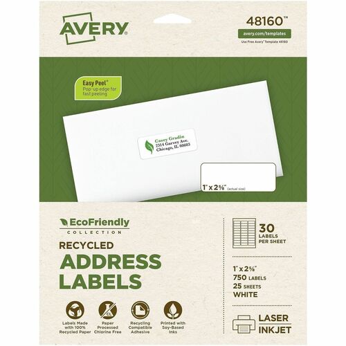 Avery Address Labels, EcoFriendly, 1" x 2 5/8", Permanent Adhesive, Matte White Paper, 750 Labels (25/PK), for Laser and Inkjet Printers