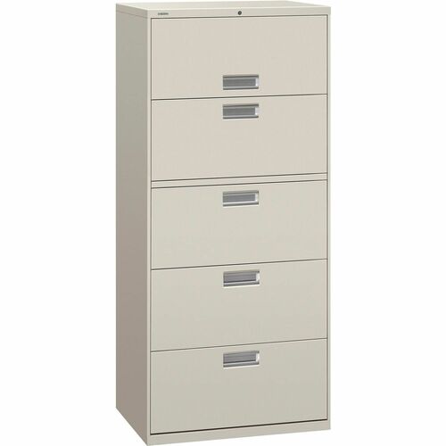 HON Lateral File, Brigade 600, 5-Drawer, 30" W x 18" D x 67" H, Light Gray Steel, Interlocking Drawers, One-Key Lock