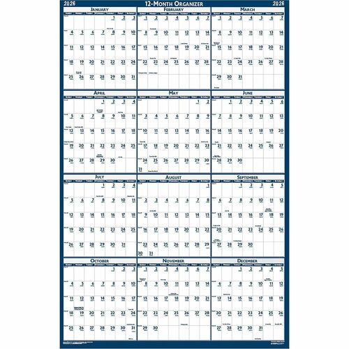 House of Doolittle Wall-Mount Planner, Laminated Write-On/Wipe-Off, 2026 12-Month, 32" W x 48" H, Daily Blocks 1-5/8" x 1-5/8" and 1-3/8" x 2"