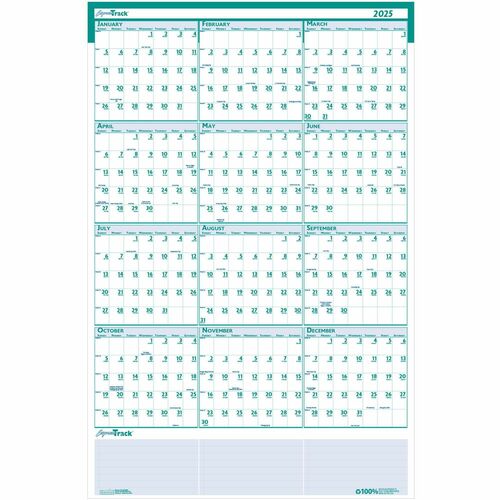 House of Doolittle Express Track Yearly Laminated Planner - Julian Dates - Yearly - 12 Month - January 2025 to December 2025 - 24" x 37" Sheet Size - 1.25" x 1.38" Block - Blue, Green - Paper - Laminated, Erasable - 1 Each