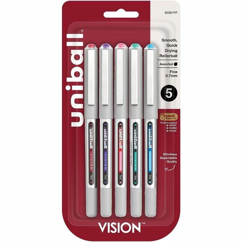 Uni-Ball Vision Rollerball Pens, 0.7 mm Fine, Super Ink Water-Resistant, Assorted Inks (Red, Brilliant Blue, Evergreen, Pink, Purple), 5/PK