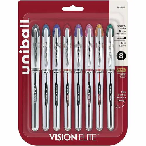 Uni-Ball Vision Elite Rollerball Pen, 0.8 mm Bold, Gel Ink, Assorted Colors, Refillable, Retractable, 8/PK
