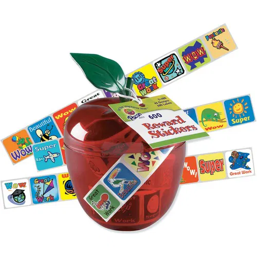 Pacon Apple Reward Stickers, Refillable Plastic Holder, Red, 45 Designs, 1" W x 4" D x 1" H, 468/PK