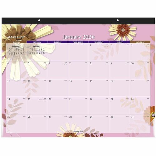 At-A-Glance Monthly Desk Pad Calendar, Paper Flowers, Jan-Dec 2026, 21 3/4" x 17", Purple Sheet, Unruled Daily Blocks