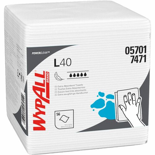 Wypall Cleaning Wipes, PowerClean L40, Extra Absorbent, 12.5" W x 12" L, White, 56/PK