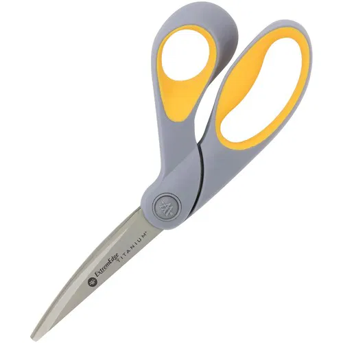 Acme United ExtremEdge Scissors, Adjustable Tension, Bent Handle, Titanium-Bonded Blades, 9" Overall, 4.5" Cutting, Gray/Yellow Nylon
