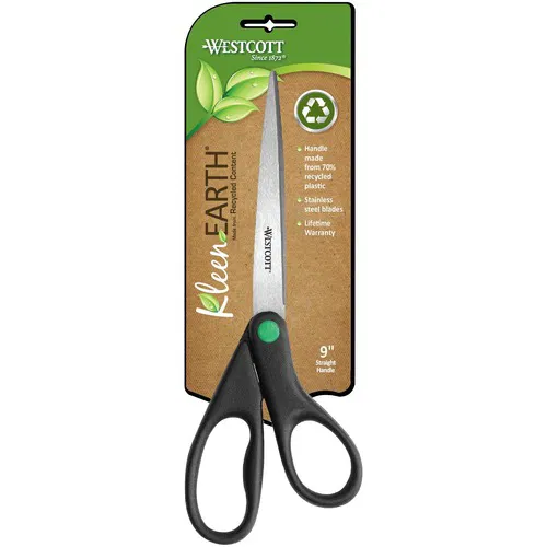 Westcott Scissors, KleenEarth, 9" Overall, 3.75" Cutting Length, Ambidextrous Black Recycled-Plastic Handle, Stainless Steel Pointed Blade