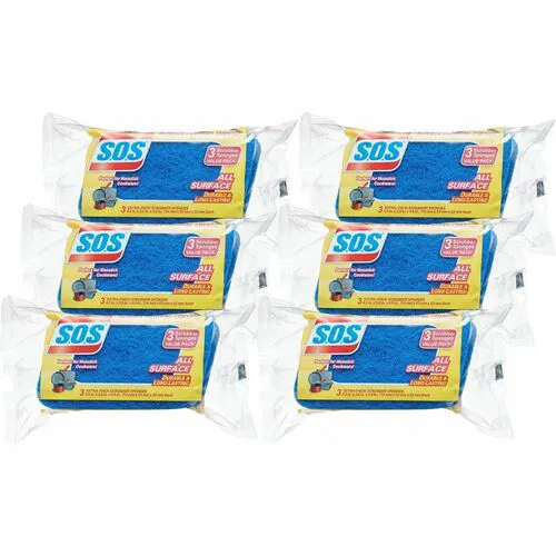 S.O.S All-Surface Scrub Sponge, 3 in x 0.9 in x 5.3 in, Dual-Sided, Cellulose, Blue, 3/PK, 8/CT
