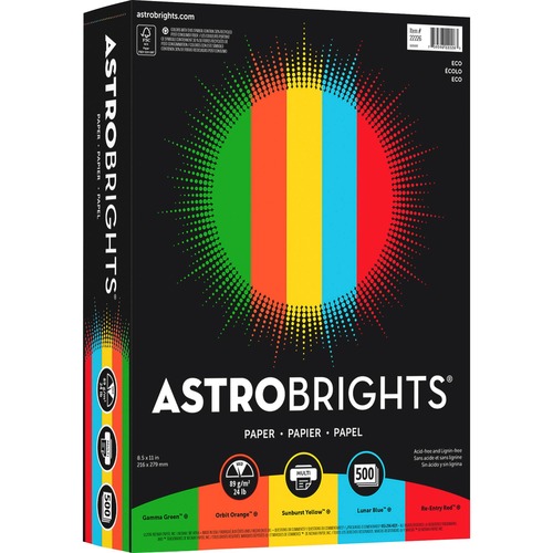 Astrobrights Color Paper - Assorted - Letter - 8 1/2" x 11" - 24 lb Basis Weight - Green Seal - Acid-free, Lignin-free - Gamma Green, Re-entry Red, Orbit Orange, Sunburst Yellow - 500 / Ream