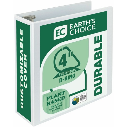 Samsill Earth's Choice Plant-based Durable View Binder - 4" Binder Capacity - Letter - 8 1/2" x 11" Sheet Size - 775 Sheet Capacity - Fastener(s): D-Ring - Pocket(s): 2 - Plastic, Chipboard - White - 1.45 lb - Recycled - Archival-safe, Clear Overlay, Reus