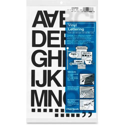 Chartpak Vinyl Letters and Numbers, Helvetica Style, Self-Adhesive, 1.5" H, Black, Set A-Z, 0-9, Symbols