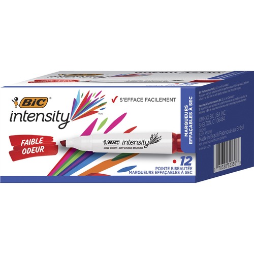 BIC, Dry Erase Marker, Intensity, Chisel Tip, Low-Odor Ink, Non-Toxic, Red, for Whiteboards, Glass, 12/PK
