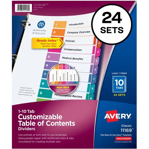 Avery Ready Index 10-Tab Binder Dividers, 8.5" x 11", Customizable Table of Contents, Laser/Inkjet Printable, 24/PK (240 Dividers)