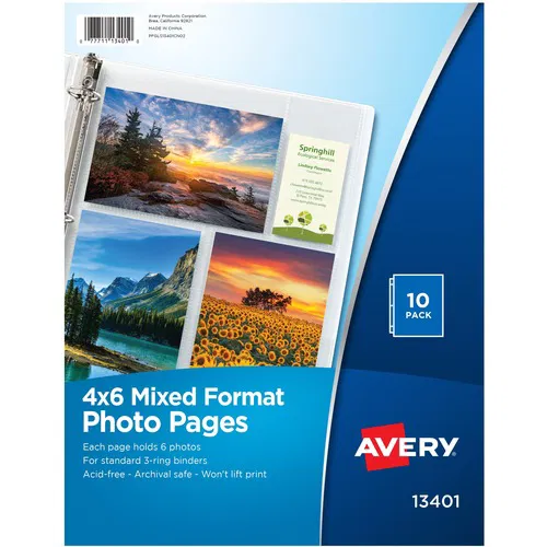 Avery Photo Album Refill, Clear Polypropylene, Acid-Free Archival-Safe, Double-Sided Pages, Holds 6 4" x 6" Prints, 8.5" x 11.3", 10/PK