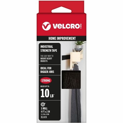 Velcro Hook and Loop Fastener, Industrial Strength, 2" x 4 ft Roll, Black, Peel and Stick, Water Resistant