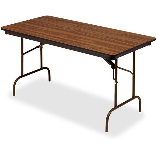 Iceberg Premium Folding Table, 60" x 30" x 29" H, 300 lb Capacity, Oak Melamine Top, Black Vinyl T-Mold Edge
