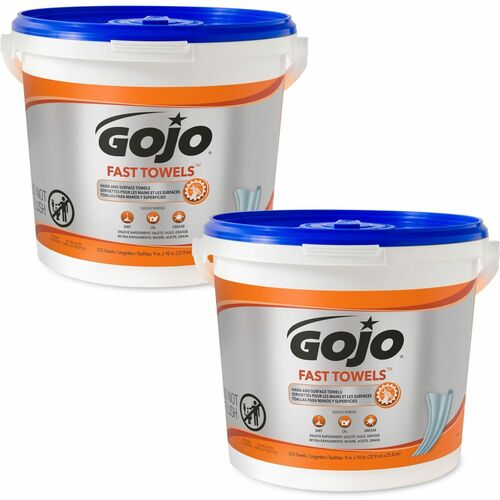 Gojo Cleaning Towels, Fast, Hand/Surface Cleaner, 9" x 10", 225/Tub, White, Pre-Moistened, Disposable, 2/CT