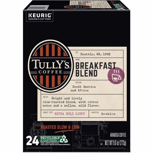 Tully's Coffee, Coffee K-Cup Pods, Breakfast Blend, Light Roast, 100% Arabica, for Keurig Brewers, 24/PK, Kosher